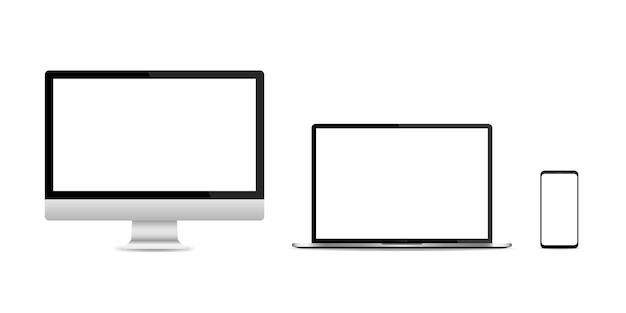 Realistic set of PC monitor, laptop and smartphone isolated on white background. Vector illustration EPS 10