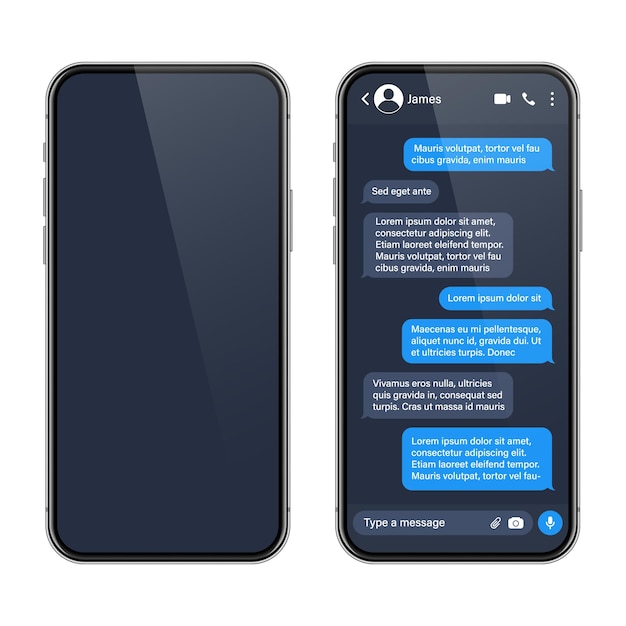 Realistic smartphone with messaging app sms text frame conversation chat screen with blue message