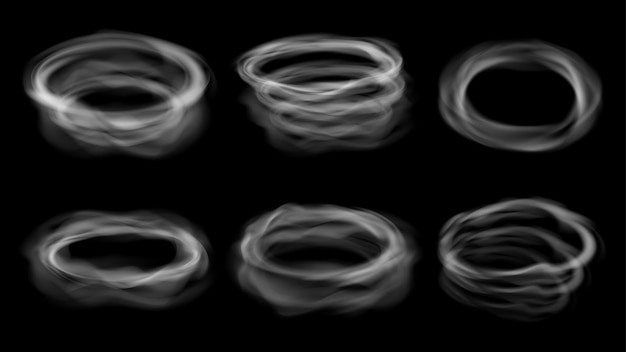 Realistic smoke steam circles vape rings Air rounded clouds isolated cigarette or hookah smokes cloud Abstract vaping pithy vector elements