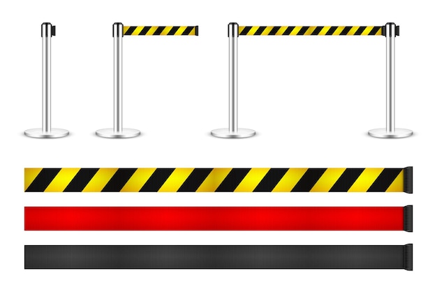 realistic vector retractable belt stanchion crowd control barrier posts with caution strap queue