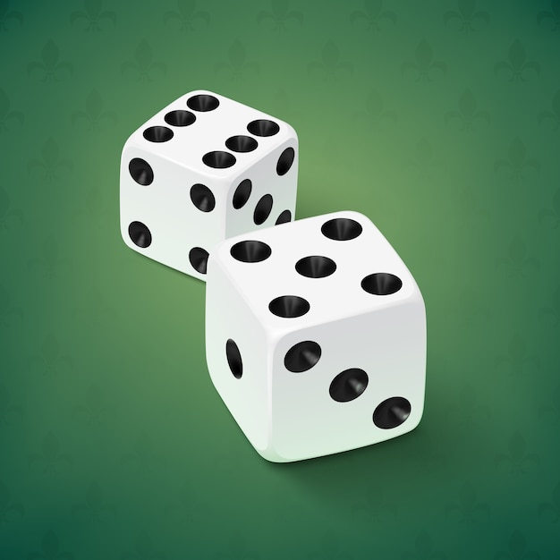 Realistic white dice icon on green background.  illustration