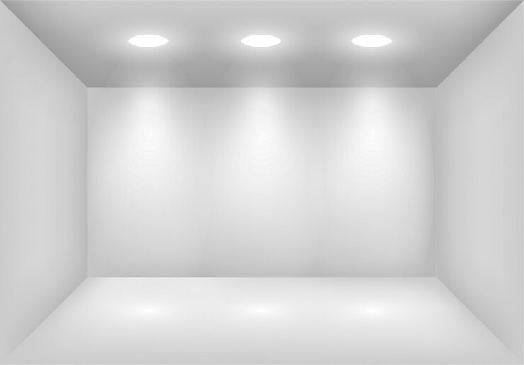 Vektori realistic white light box with spotlights or projector. showroom illumination. lightbox background for show, exhibition. studio interior blank and empty template.