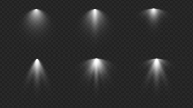 realistic white spotlight set with soft beam glow and transparent background for design use