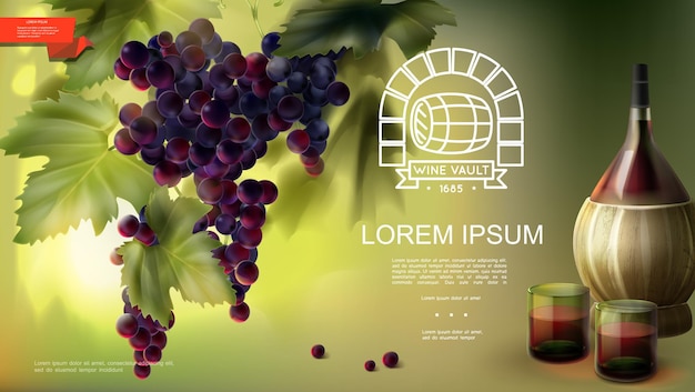 Realistic winemaking industry background with bunch of purple grapes glasses and bottle of wine  illustration