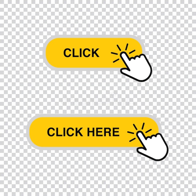 Realistic yellow clickable button with black and white icon on transparent background