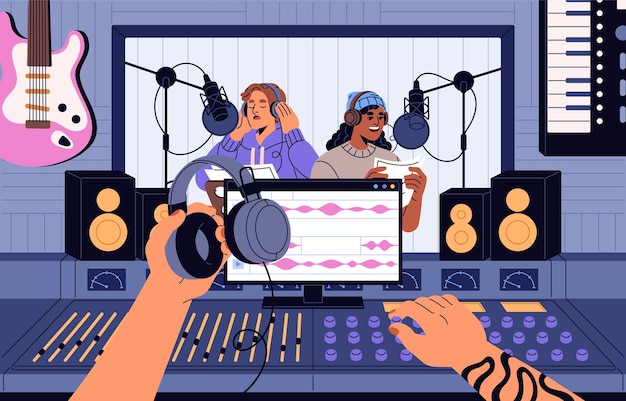 Recording studio Music production Musicians song with microphone in room sound engineer records audio by equipment Mixer panel or soundboard and performers in booth Flat vector illustration