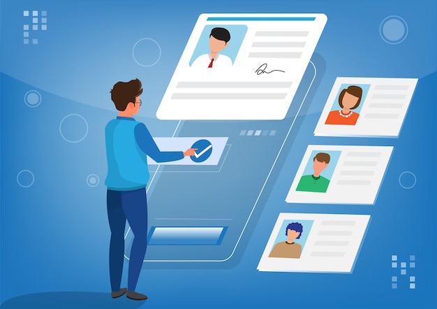 Recruitment concept Choice of worker or personnel Managers choosing resume of new employees Vector Illustration