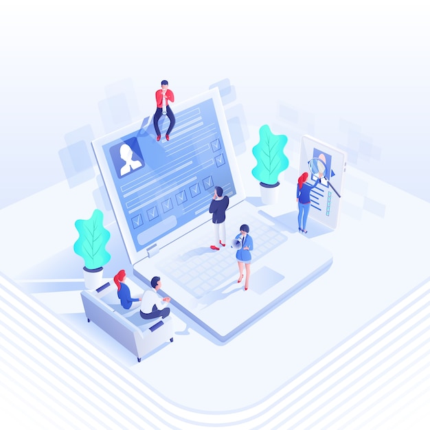 recruitment team isometric illustration, employers and candidates 3d cartoon characters, human resources management, hr team, managers studying cv, recruiter with loudspeaker. job search