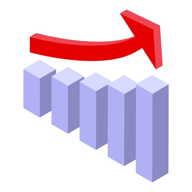 Red arrow pointing up over growing bar chart isometric illustration