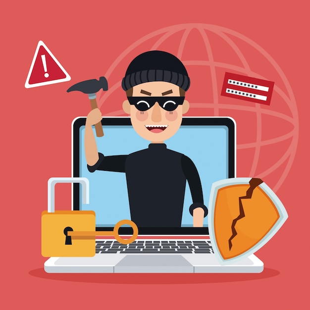 red background global world silhouette with laptop and thief man hacker alert attack 