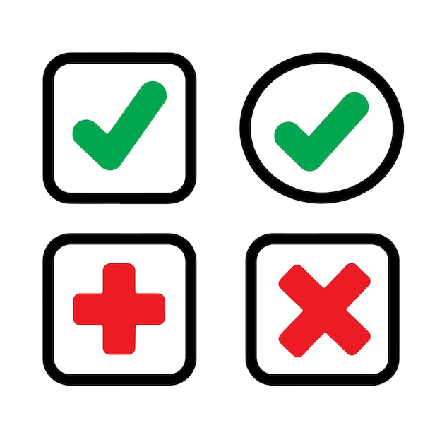 Red cross x vector icon and Green Check mark Green sign of consent Red wrong mark Yes sing No wrong symbol