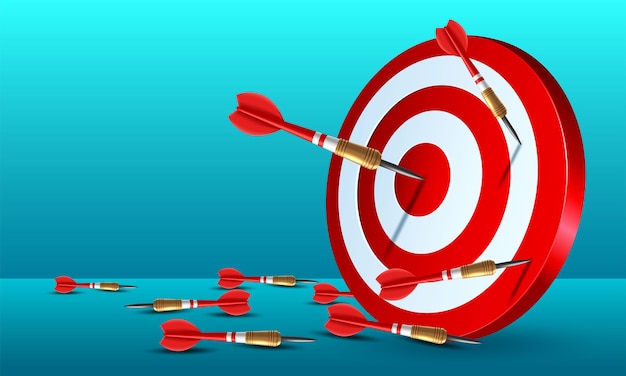 Red dart arrow hitting in the target center of dartboard