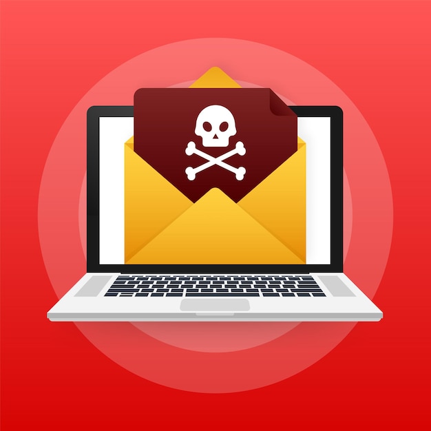 Red email virus. Computer screen. virus, piracy, hacking and security, protection. Vector stock illustration.