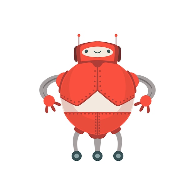 red fat friendly android robot character with two antennas vector cartoon illustration