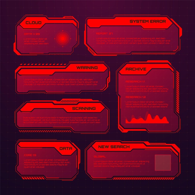 Red futuristic hud or ui elements scifi user interface text boxes callouts warning message frames