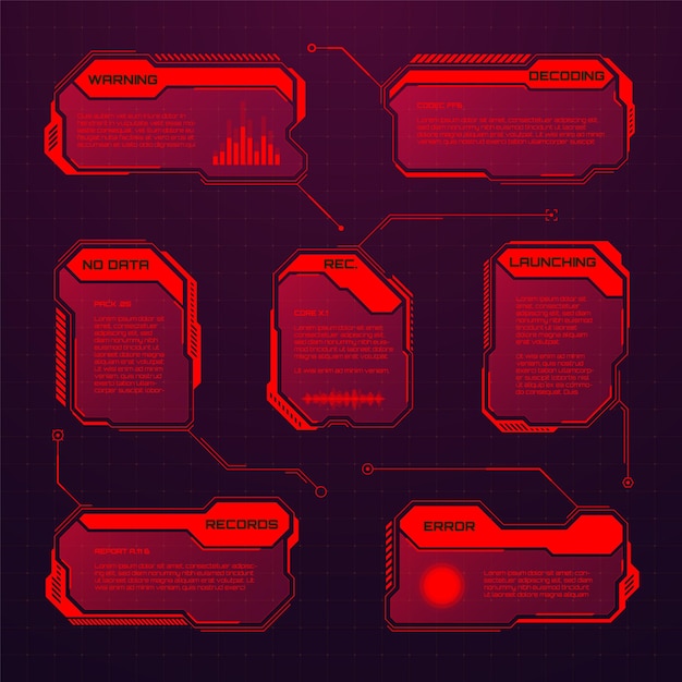 Red futuristic hud or ui elements scifi user interface text boxes callouts warning message frames