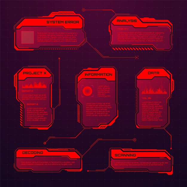 Red futuristic hud or ui elements scifi user interface text boxes callouts warning message frames