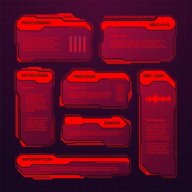 Red futuristic hud or ui elements scifi user interface text boxes callouts warning message frames
