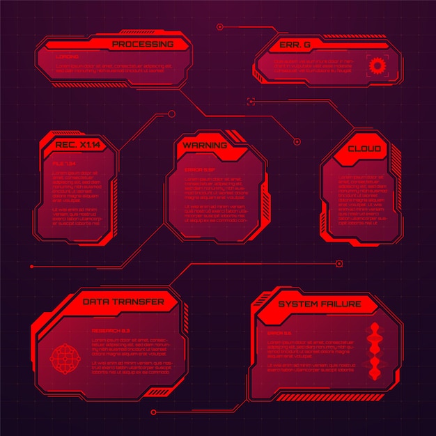 Red futuristic hud or ui elements scifi user interface text boxes callouts warning message frames