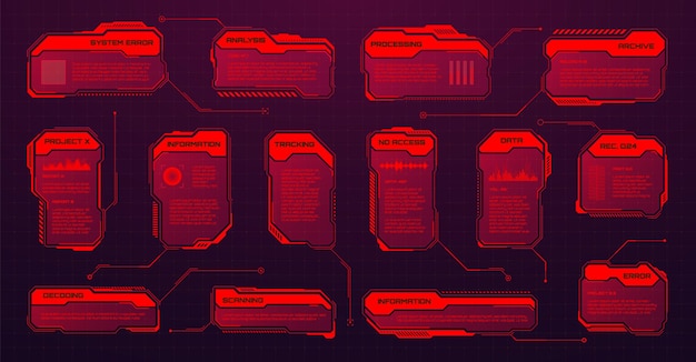 Red futuristic hud or ui elements scifi user interface text boxes callouts warning message frames