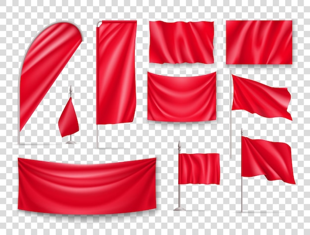 Red rectangular flags set isolated on transparent