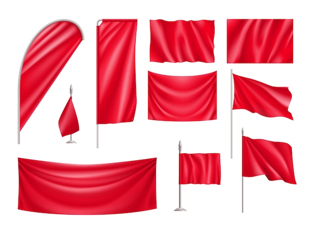 Red rectangular flags set isolated on white