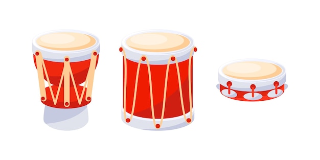 Red toy drums and tambourine representing music and rhythm