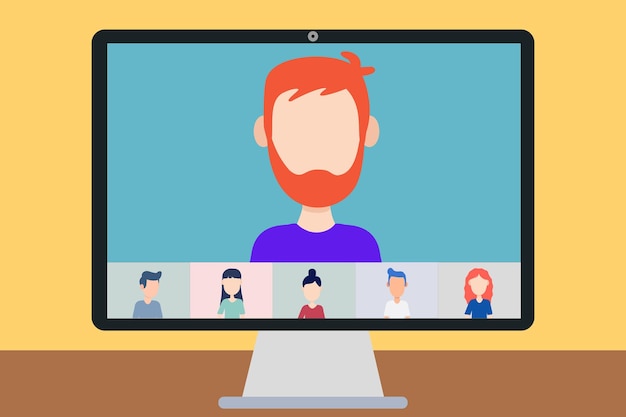 Redhead male video conference remote working and work from anywhere concept. Yellow background. People connecting together, Vector flat people illustration.