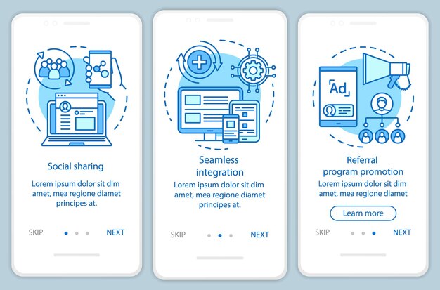Referral program key items onboarding mobile app page screen with linear concepts. Three walkthrough steps graphic instructions. Customer attraction. UX, UI, GUI vector template with illustrations