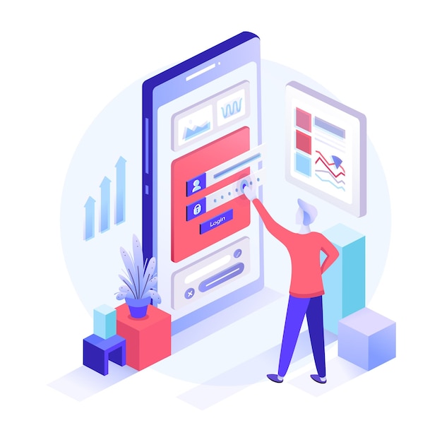 Registration form or login user interface. A man stands in front of inputted secure data which is displayed on big screen of the mobile phone. Isometric flat  illustration for UI banner, app