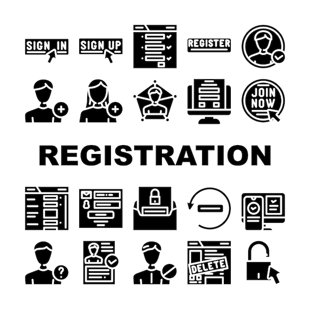 Registration form web icons set vector register user website online login laptop computer internet new application registration form web glyph pictogram Illustrations