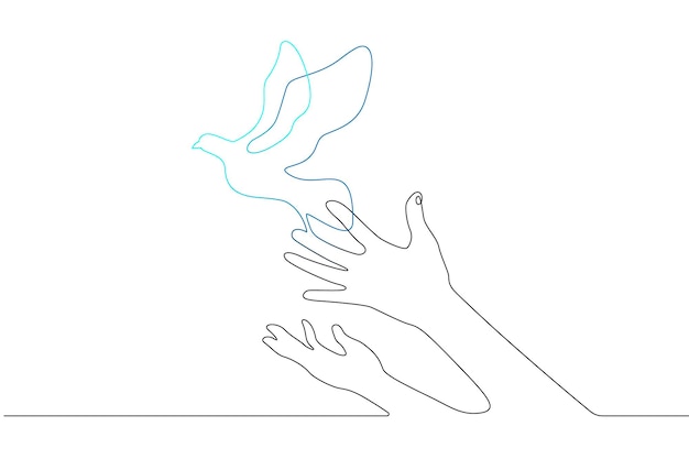 Release the bird to freedom Bird taking off Bird from hand Colorful gradient line One continuous lineLinearHand drawnwhite background