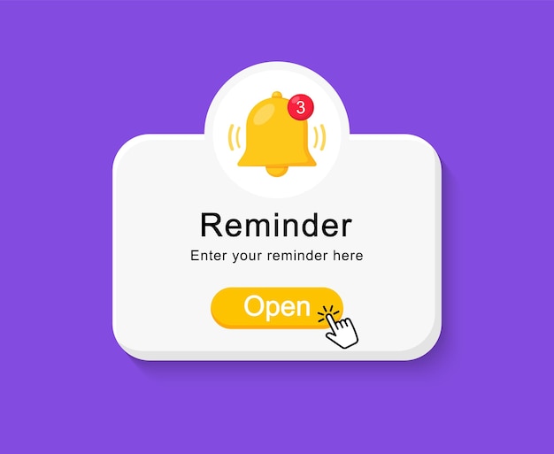 Reminder page popup Notification page with bell