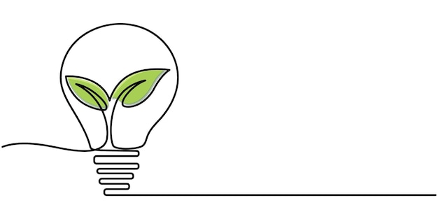 renewable energy continuous line editable icon light bulb with green leaves inside drawn by one