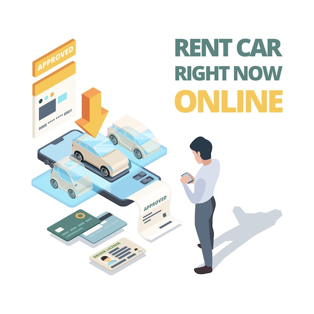Rent car online. Digital buying automobile or car sharing service illustration