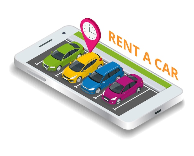 Renting a new or used car. car rental booking reservation on mobile smartphone. Used cars app. Vector illustration background.