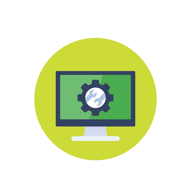 Repair service, gear and wrenches on computer screen, vector icon