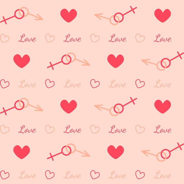 Repeating hearts, masculine and feminine symbols and the handwritten word Love.Seamless pattern.