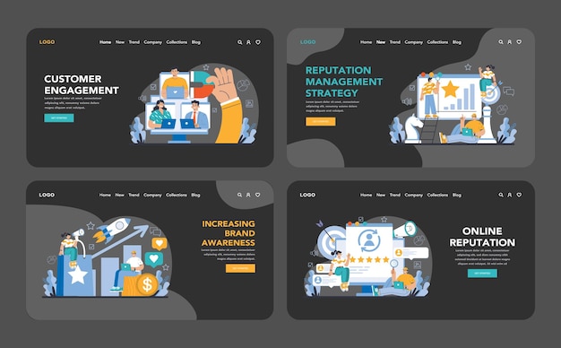 Reputation management dark or night mode web or landing set relationship with targeted audience