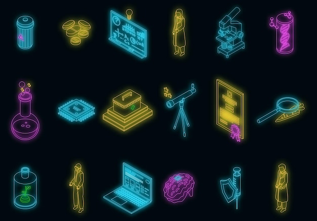 Research scientist icons set vector neon