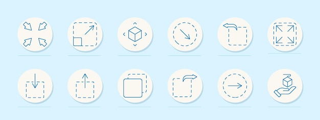 Resize set icon Inward arrows outward box with arrows cube with arrows diagonal square with down up square bent right hand with box