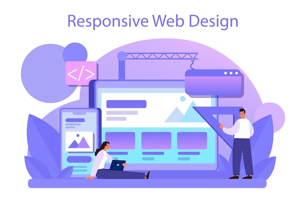 Responsive web design concept Adaptive content presentation on different web pages Website layout composition and color development Flat vector illustration