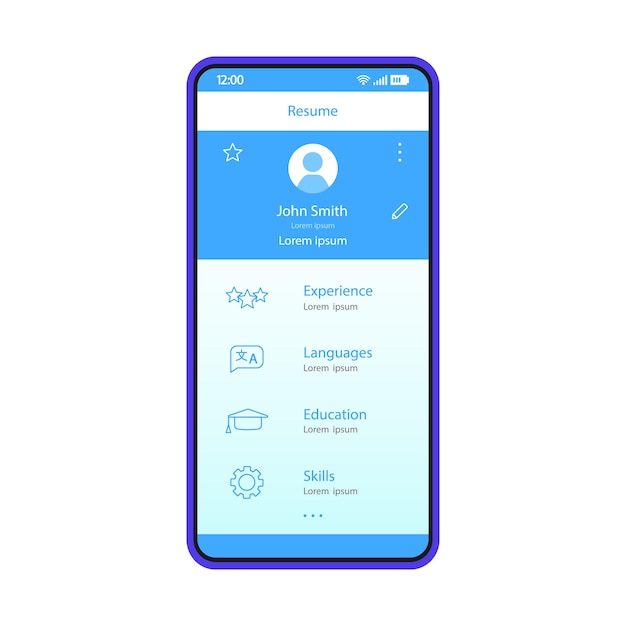 Resume smartphone app interface vector template. Mobile job search application interface blue design layout. CV builder screen. Flat UI. Phone display with personal information