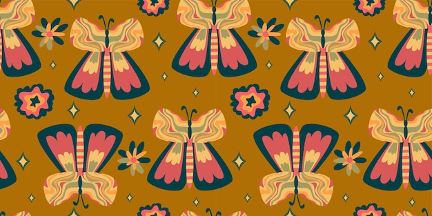 Retro butterfly groovy seamless pattern Boho vector background Hippie psychedelic seamless pattern Retro groovy background Design with daisy flower