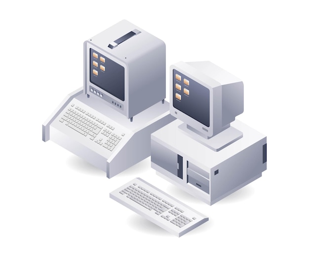 retro classic computer technology infographic flat isometric 3d illustration