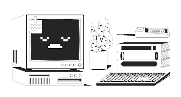 retro computer keyboard with books plant phone 2d line objects set