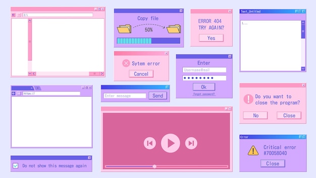 Retro computer window Retrowave internet browser frame folder popup message 90s design Vector old software UI set