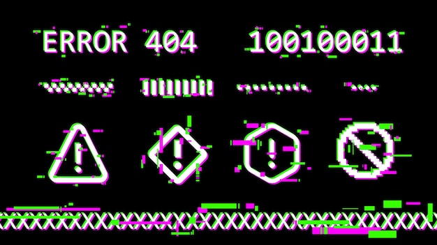Retro glitch distortion error 404 text and warning design element