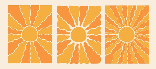 Retro Groovy Sun Background Set Abstract Wave Ray Pattern in Trendy 70s Style Boho Colorful Groovy