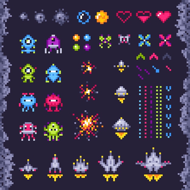 retro space arcade game. invaders spaceship, pixel invader monster and retro video games pixel art isolated objects illustration set
